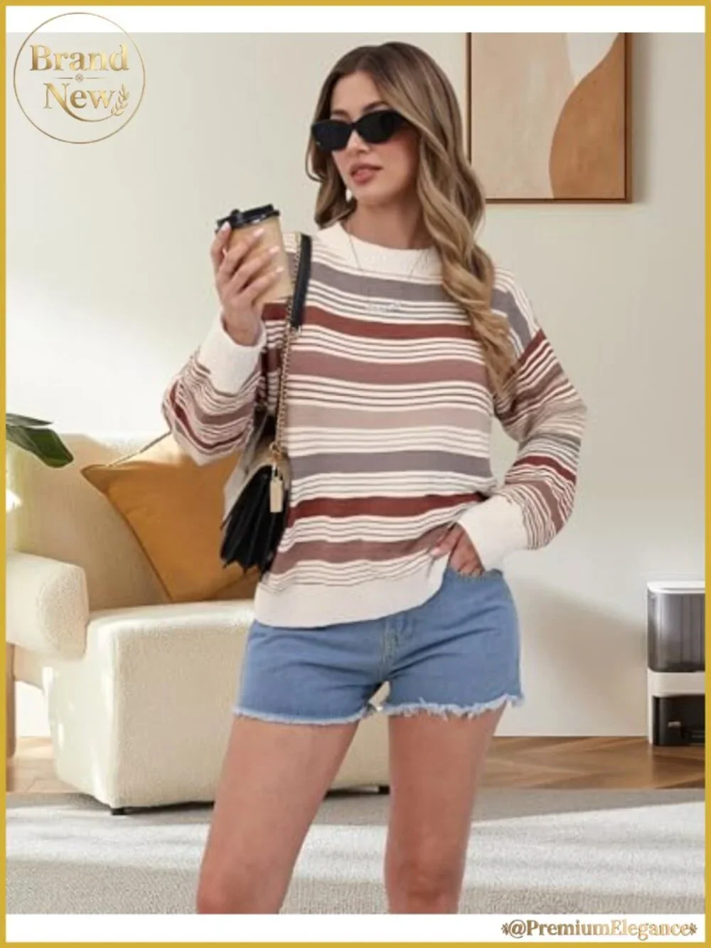 Womens Oversized Striped Pullover Sweater Long Sleeve Crew Neck Winter Knit Top
